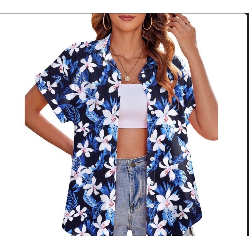 ION Women Tropical Floral Button Down Shirt Navy Blue White Lily Summer‎ Top M